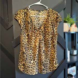 Leopard Print V-Neck Blouse Black & Brown Cap Sleeves Size Medium